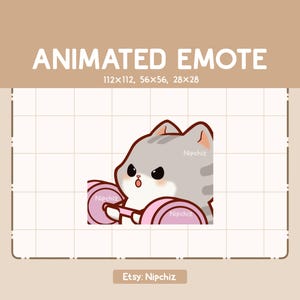 Gesto animado: gato atigrado gris chibi haciendo ejercicio. Gesto gracioso y lindo. Listo para usar. Gesto kawaii