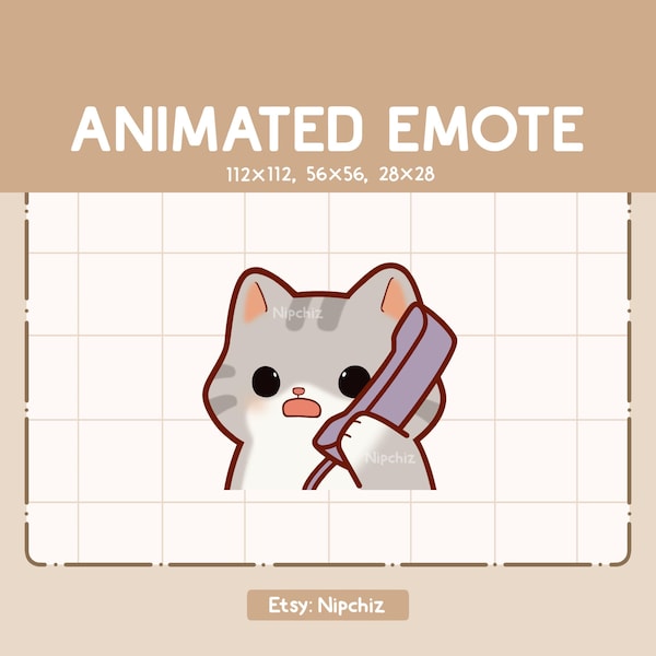 Gesto animado: gato atigrado gris hablando por teléfono. Gesto de dibujos animados divertido, listo para usar. Gesto Chibi para transmisores.