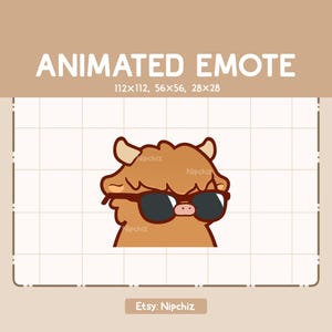 Emote animée Vache des Highlands Chibi avec des lunettes de soleil noires vibre en agitant la tête d'avant en arrière - Emote dessin animé Chibi
