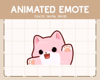 Könnte beinhalten: Animiertes pinkfarbenes Katzen-Emote mit weißem Fell, großen Augen und einem fröhlichen Ausdruck. Die Katze winkt mit ihrer rechten Pfote.
