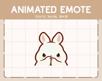 Peut inclure: Emoji animé d'un lapin blanc avec des oreilles et des yeux marrons, se couvrant la bouche avec ses pattes. Le lapin a une expression légèrement en colère.