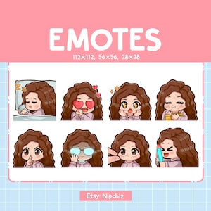 Chibi Girl Emotes for Streaming / Brown Curly Hair – Brown Eyes (8) Kawaii Emotes / Cute Girl Emote Bundle