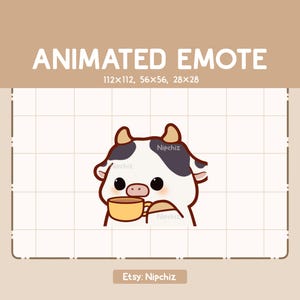 Animated Emote Cow is Sipping a Cup of Tea / Cartoon Kawaii Emote / Ready to Use / Funny Cute Emote