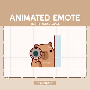 Animated Emote Chibi Curious Capybara with Magnifying Glass is Examining from Behind the Wall - Funny Cartoon Emote - Ready to Use