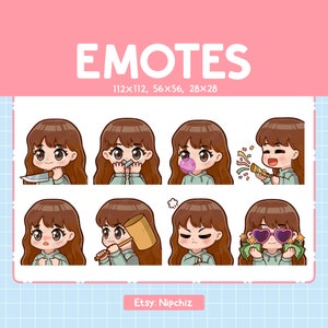 Cute Girl Emotes for Streamer (8) | Brown Hair | Brown Eyes | Kawaii Chibi Girl, Emoji Pack