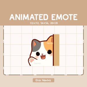 Emoticono animado: gato calicó blanco te saluda agitando la mano desde detrás de una pared
