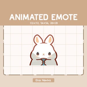 May include: An animated emote featuring a white bunny holding a blue cup. The bunny has brown outlines and ears. The text "ANIMATED EMOTE" is at the top, with size dimensions below. The Etsy shop name "Nipchiz" is at the bottom.