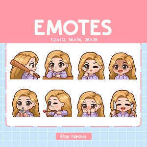 Girl Emote Bundle / Long Straight Blonde Hair Emotes for Streaming / 8 Cute Girl Emotes / Brown Eyes | Emoji Pack