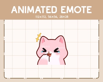 Könnte beinhalten: Animiertes pinkfarbenes Katzen-Emoji mit weißem Gesicht, geschlossenen Augen und einem breiten Lächeln. Die Katze lacht und hat eine einzelne Träne, die aus jedem Auge kommt. Die Katze hält ihre Pfote vor ihr Gesicht. Der Text "Nipchiz" steht auf der Brust der Katze.