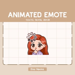 Könnte beinhalten: Animiertes Emoji einer Comic-Frau mit roten Haaren, die einen lila Hoodie trägt und mit einem Finger am Kinn nachdenkt. Das Emoji hat eine Ladeanimation über ihrem Kopf.