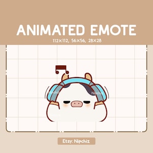 Animated Emote Adorable Chubby Cow Wearing Headphone - Funny Cartoon Emote - Ready to Use - Chibi Emote for Streamer