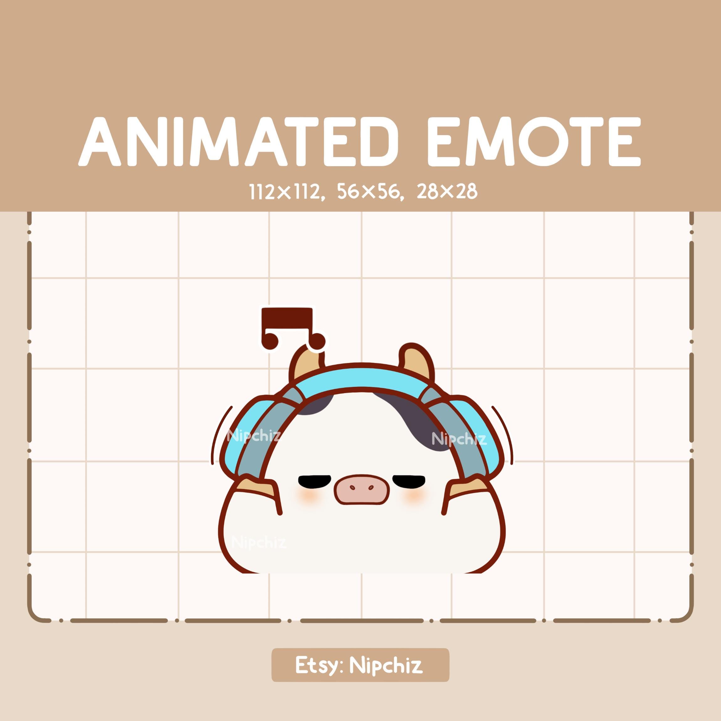 Emote animée Adorable vache potelée portant un casque - Emote drôle de bande dessinée - Prêt à l'emploi - Emote Chibi pour streamer