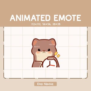 May include: Animated emote of a brown and white animal with a clock in its hand. The animal has a grumpy expression and is looking at the clock. The text "Nipchiz" appears twice on the image.