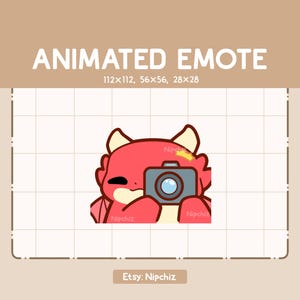 May include: Animated emote of a red dragon with a grey camera. The image includes the text "ANIMATED EMOTE" and size dimensions. The Etsy shop name "Nipchiz" is also displayed.