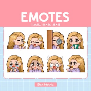 Cute Girl Long Straight Blonde Hair Emotes 8 Pack / Chibi Girl Emotes for Streamer / Brown Eyes Kawaii Emoji Set