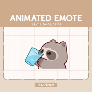 Animowana emotka Chibi Raccoon Pije Szklankę Wody / Gotowa do Użycia / Emotka Do Streamingu