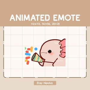 Animiertes Emote Chibi Axolotl Feiert Den Moment Mit Seinem Party Popper / Kawaii Cartoon Emote / Chibi Emote Für Streamer / Gebrauchsfertig