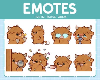 Highland Cow Emotes for Streaming | Kawaii Animal Emoji | (8) Cute Highland Cow Emote Pack