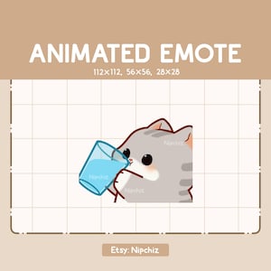 Animated Emote Chibi Gray Tabby Cat is Drinking a Glass Of Water - Cute Cartoon Emote - Ready to Use – Chibi Emote for Streaming