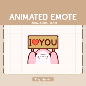 Emote animé Requin rose mignon tenant une plaque en bois I Heart You - Emote drôle de bande dessinée - Prêt à l'emploi - Adorable emote Chibi