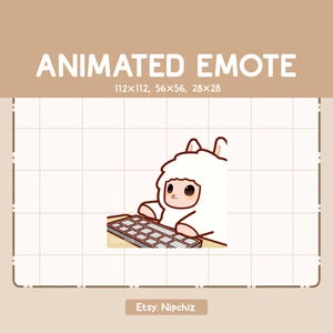 May include: Animated emote of a white sheep wearing a brown shirt and typing on a keyboard. The sheep has brown eyes and a pink nose. The keyboard is gray with white keys.