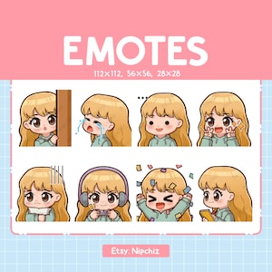 Cute Girl Emotes (8) | Blonde Hair | Brown Eyes, Emoji for streaming, Kawaii Emote Pack