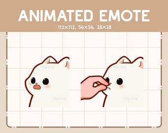 Pode incluir: Emoticon animado de um gato branco com olhos castanhos e nariz rosa. O gato é mostrado em duas imagens: na primeira imagem, o gato está olhando para a esquerda com uma expressão de surpresa, e na segunda imagem, uma mão está se estendendo para tocar o nariz do gato.
