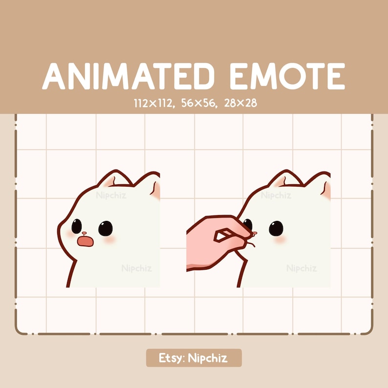 K&ouml;nnte beinhalten: Animiertes Emoji einer wei&szlig;en Katze mit braunen Augen und einer rosa Nase. Die Katze wird in zwei Bildern gezeigt: im ersten Bild schaut die Katze mit einem &uuml;berraschten Ausdruck nach links, und im zweiten Bild streicht eine Hand &uuml;ber die Nase der Katze.