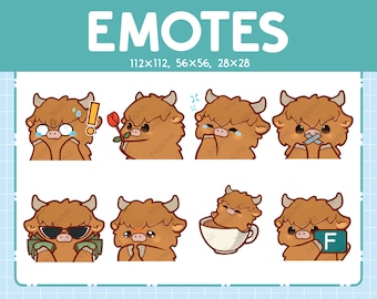 Highland Cow Emotes for Streamer (8) - Kawaii Cute Highland Cow - Emoji Pack for Streaming