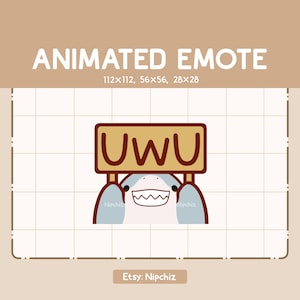 Emote animée Requin mignon tenant une pancarte en bois Uwu / Emote dessin animé Kawaii / Emote Chibi pour streamer / Prêt à l'emploi