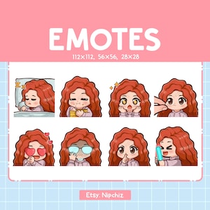 Chibi Girl Emotes for Streaming / Red Curly Hair – Brown Eyes (8) Kawaii Emotes / Cute Girl Emote Bundle