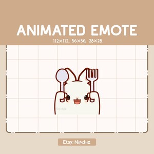 Könnte beinhalten: Eine animierte Emote mit einem weißen Cartoon-Charakter, der einen Löffel und eine Gabel hält. Der Text "ANIMATED EMOTE" steht oben, mit Größenangaben darunter. Der Etsy-Shop-Name "Nipchiz" steht unten.
