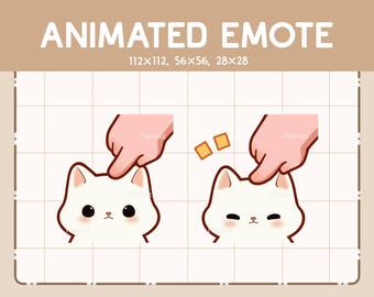 May include: Animated cat emote with a white body, brown eyes, and a pink nose. The cat is being petted by a hand with a pink finger. The emote is available in three sizes: 112x112, 56x56, and 28x28.