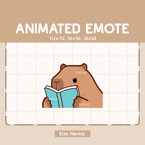 Animated Emote Adorable Capybara is Reading a Book - Cute Funny Emote - Ready to Use – Chibi Emote for Streaming