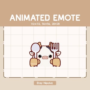 Könnte beinhalten: Ein Cartoon-Kuh-Charakter, der einen Löffel und eine Gabel hält, mit dem Text "ANIMATED EMOTE" darüber. Das Bild enthält die Größen 112x112, 56x56 und 28x28. Der Etsy-Shop-Name "Nipchiz" wird ebenfalls angezeigt.