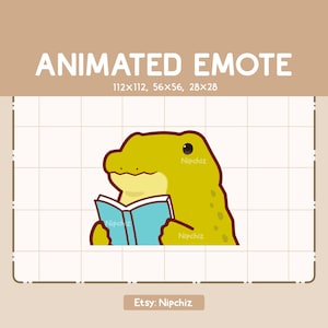 Puede incluir: Emoticono animado de un cocodrilo amarillo leyendo un libro azul. El cocodrilo lleva un contorno marrón y tiene un ojo negro. El libro tiene un contorno blanco y el texto "Nipchiz" es visible en el libro.