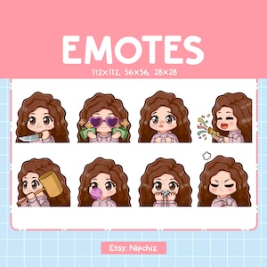 Chibi girl Emotes / Brown Curly Hair / Cute Emoji Pack | 8 Girl Emotes for Streaming |Brown Eyes Emote