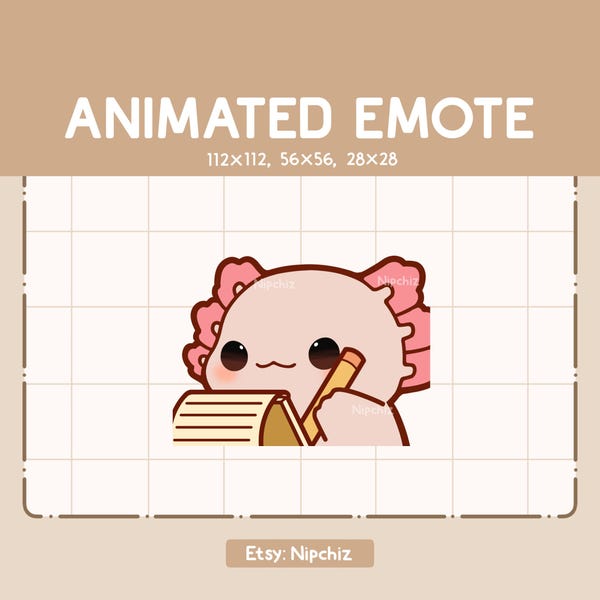 Animated Emote Chibi Axolotl is Taking a Note - Funny Cartoon Emote - Ready to Use - Chibi Emote for Streamer