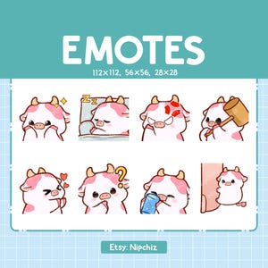 Kawaii Pink Cow Emotki (8) – Słodkie emotikony dla streamerów – Chibi Pink Cow Emoji Bundle