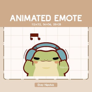 Animowana emotka Urocza pulchna zielona żaba w słuchawkach - Kawaii emotka dla streamera