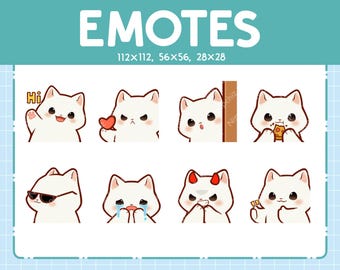Chibi White Cat Emotes for Streaming - (8) kawaii Emotes – Cute Cat Emote Bundle – Funny Emotes