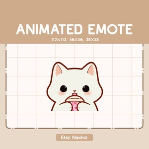 Adorable chat blanc chibi sirotant une émoticône animée Boba - Animal mignon - Chat rigolo en dessin animé