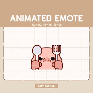 Könnte beinhalten: Ein rosa Schweine-Cartoon-Charakter, der einen Löffel und eine Gabel hält, mit dem Text "ANIMATED EMOTE" darüber. Das Bild enthält den Etsy-Shop-Namen "Nipchiz" und die Größen 112x112, 56x56 und 28x28.