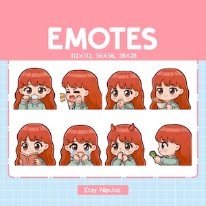 Emotikony Chibi Girl (8) / Rude włosy / Brązowe oczy / Uroczy pakiet emoji / Kawaii Girl Emotikon