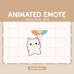 Emote animata Chibi Gatto bianco che tiene in mano un mazzo di palloncini colorati e vola / Emote per Streamer / Pronta per l'uso