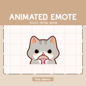 Adorable Chibi Gray Tabby Cat Sipping Boba Animated Emote - Chibi Cartoon Emote - Ready to Use - Funny Emote