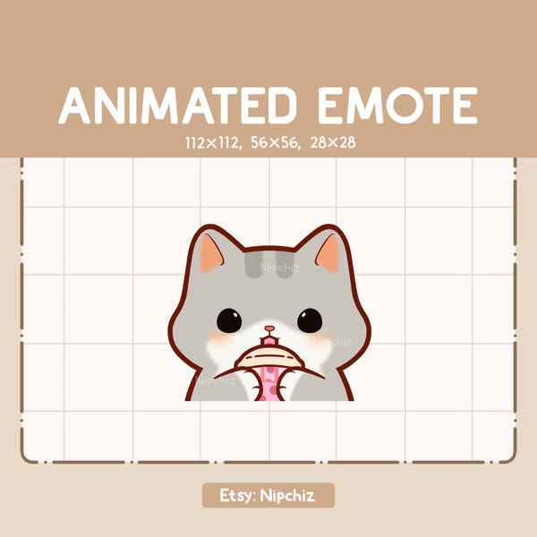 Adorable emoticón animado de gato atigrado gris chibi bebiendo boba - Emoticón de dibujos animados chibi - Listo para usar - Emoticón divertido