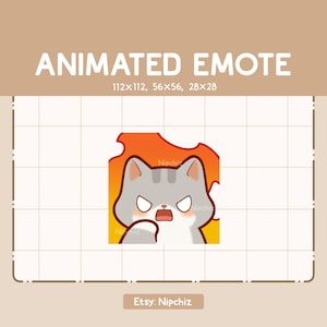 Animated Emote - Kawaii Cute Gray Tabby Cat on Fire / Kawaii Cartoon Emote / Chibi Emote For Streamer / Ready to Use
