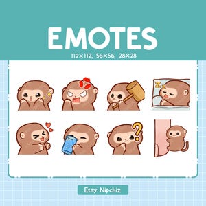 Emotes Monkey / 8 Cute Emotes for Streaming / Digital / Chibi Monkey Emote Bundle