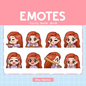 Chibi Girl Emotes for Streaming / Long Straight Red Hair – Brown Eyes (8) Kawaii Emotes / Cute Girl Emote Bundle
